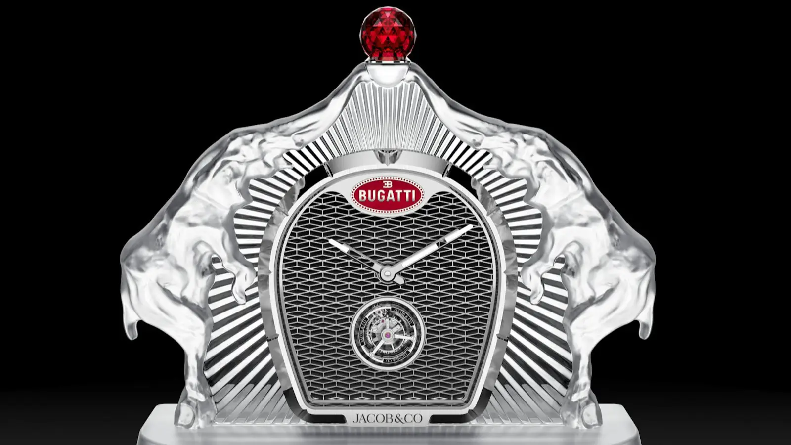 Bugatti Calandre table clock blends art, crystal and horology
